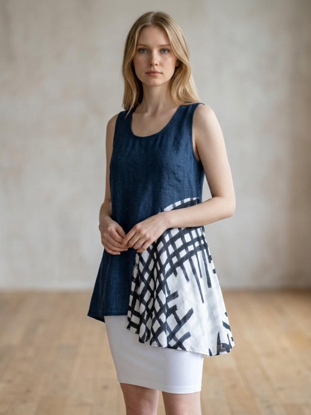 Crea Concept | Sleeveless Navy Blue Linen-Blend Asymmetrical Top